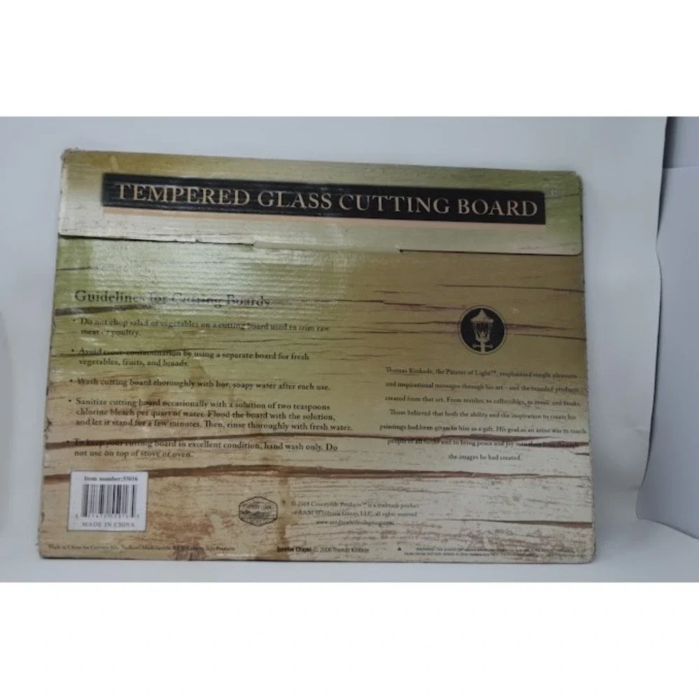 Thomas Kinkade Tempered Glass Cutting Board Sunrise Chapel 16x12 Scripture
